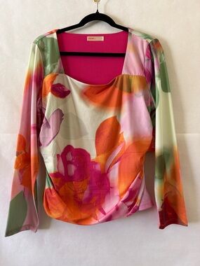 NWT Intempo Multicolor Floral Blouse Size 0X Ruched Mesh Square Neck Feminine